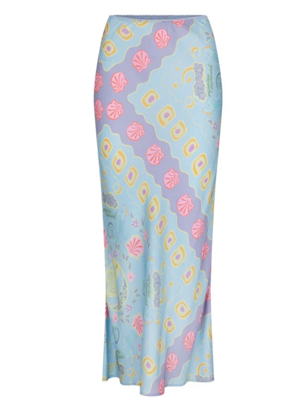 Spell Aquarius Bias Maxi Skirt Sky Blue Small Seashell Pattern Coastal Tencel - Picture 5 of 9